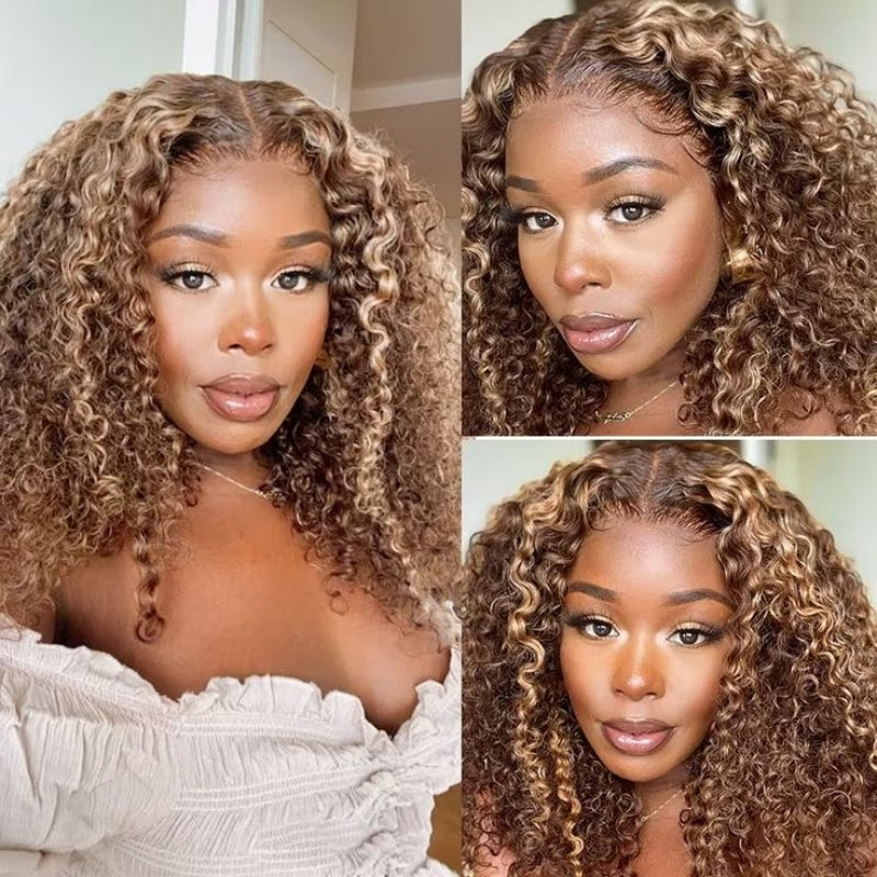 HD Lace Frontal Curly Hair Wig Honey Blonde Highlights 100% Real Human Hair Wig-Upgradeuhair