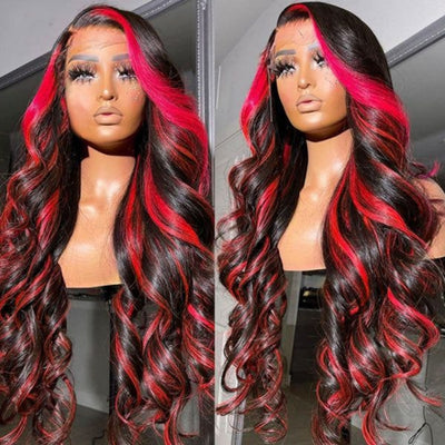 Upgradeu Black with Red Highlights Colored Wigs Body Wave Wig 13x4 HD Lace Red Lace Front Wigs