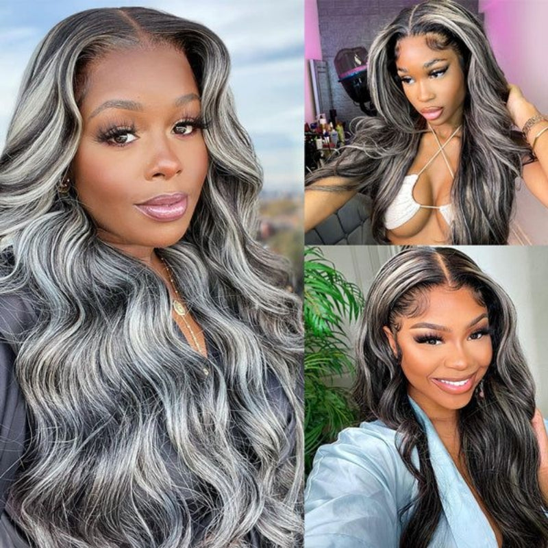 Upgradeu Grey Highlights Body Wave Human Hair Lace Front Wigs 13x4 Lace Frontal Wig