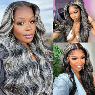 Upgradeu Grey Highlights Body Wave Human Hair Lace Front Wigs 13x4 Lace Frontal Wig
