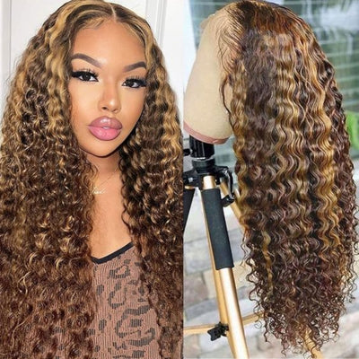 HD Lace Frontal Deep Wave Hair Wig Honey Blonde Highlights 100% Real Human Hair Wig-Upgradeuhair