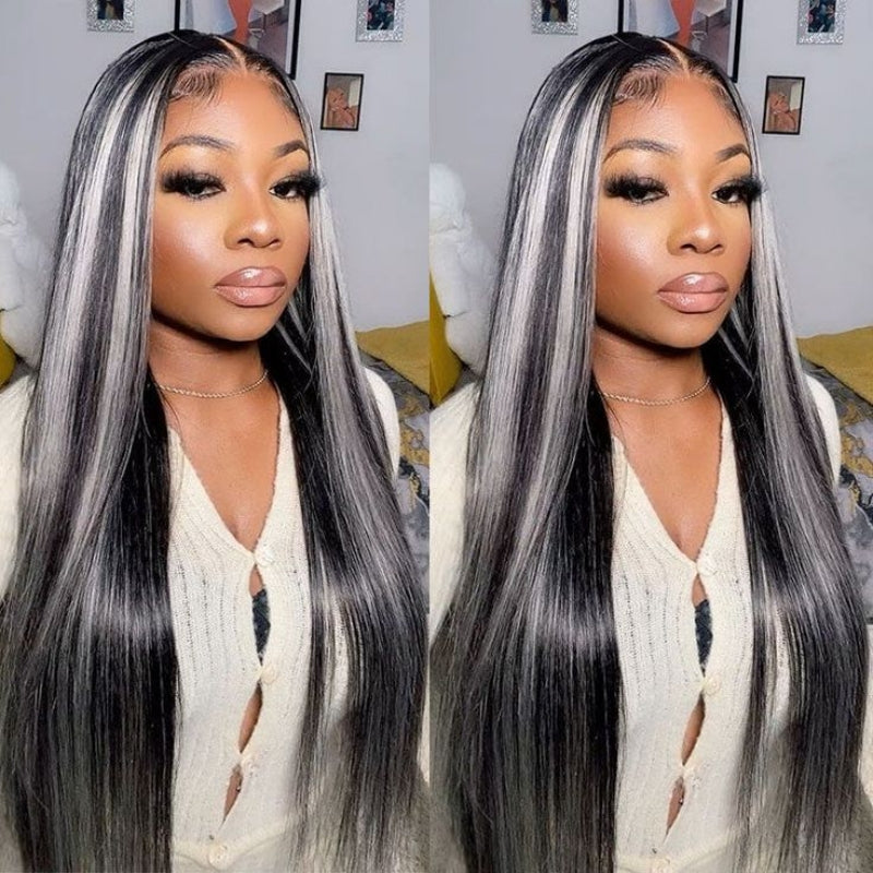 Upgradeu Grey Highlights Straight Human Hair Lace Front Wigs 13x4 Lace Frontal Wig