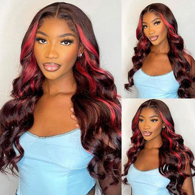 Upgradeu Black with Red Highlights Colored Wigs Body Wave Wig 13x4 HD Lace Red Lace Front Wigs