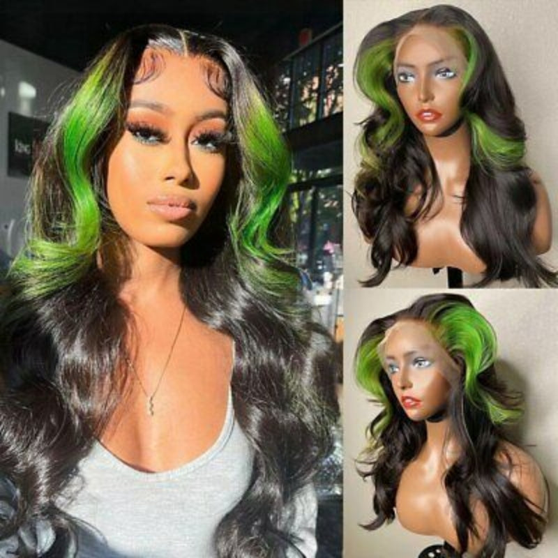 Upgradeu Green Skunk Stripe Lace Front Wigs Colored HD Human Hair Wigs with Baby Hair 30 Inch Body Wave Frontal Wigs