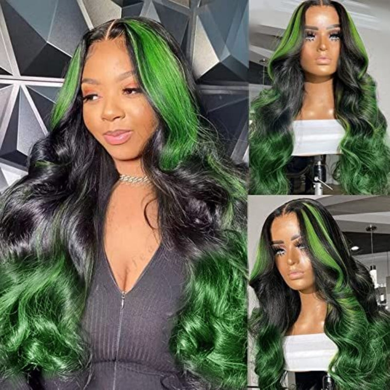 Upgradeu Green Skunk Stripe Lace Front Wigs Colored HD Human Hair Wigs with Baby Hair 30 Inch Body Wave Frontal Wigs