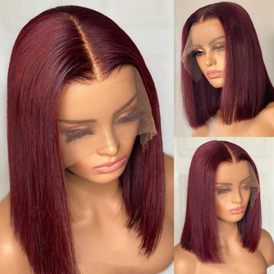 99J Burgundy  Bob Wig Glueless Lace Front Human Hair Straight Bob Pre Plucked Short Cut Virgin Hair Lace Wig