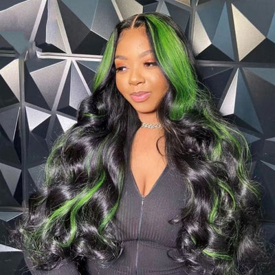 Upgradeu Green Skunk Stripe Lace Front Wigs Colored HD Human Hair Wigs with Baby Hair 30 Inch Body Wave Frontal Wigs