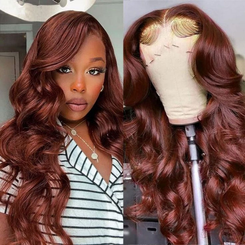 Upgradeu Reddish Brown Wigs Body Wave Human Hair Lace Frontal Wigs Auburn HD Lace Wig