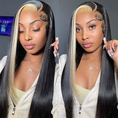 Skunk Stripe Straight Hair Honey Blonde Highlights Wig #613 Lace Frontal Wig Glueless Human Hair Wigs