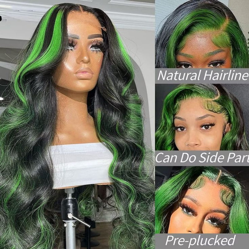 Upgradeu Green Skunk Stripe Lace Front Wigs Colored HD Human Hair Wigs with Baby Hair 30 Inch Body Wave Frontal Wigs