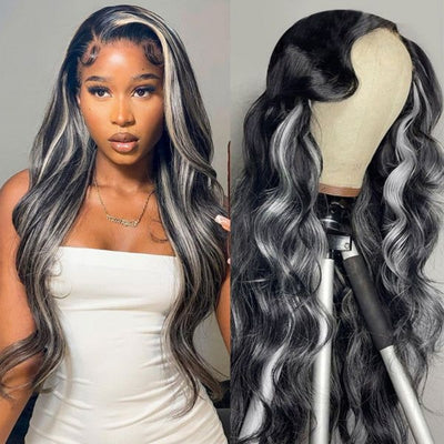 Upgradeu Grey Highlights Body Wave Human Hair Lace Front Wigs 13x4 Lace Frontal Wig