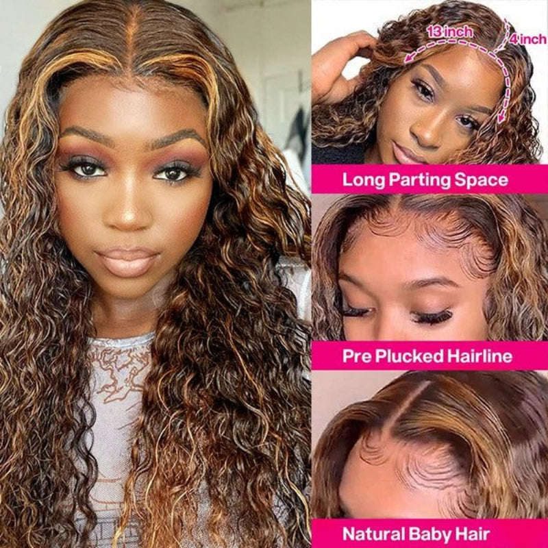 HD Lace Frontal Deep Wave Hair Wig Honey Blonde Highlights 100% Real Human Hair Wig-Upgradeuhair