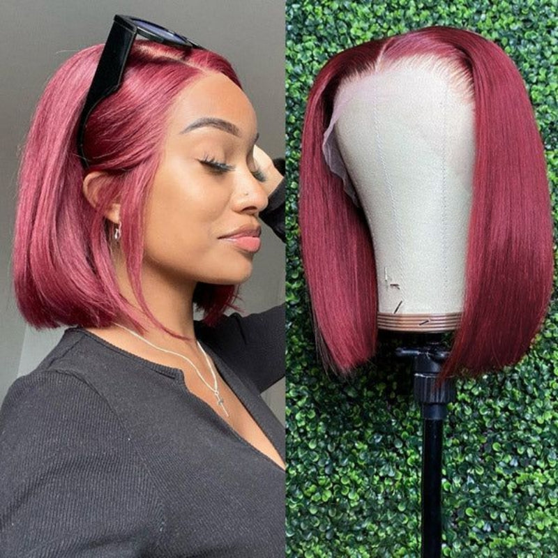 99J Burgundy  Bob Wig Glueless Lace Front Human Hair Straight Bob Pre Plucked Short Cut Virgin Hair Lace Wig