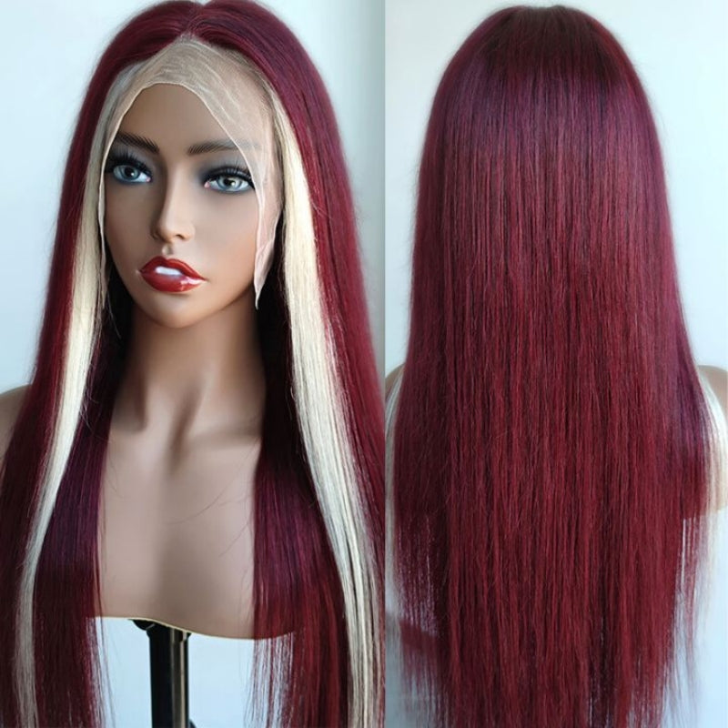 Straight Hair 99J Color & 613 Skunk Stripe Wig 13x4 HD Lace Frontal Wig