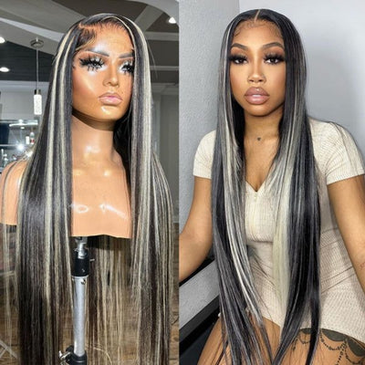 Upgradeu Grey Highlights Straight Human Hair Lace Front Wigs 13x4 Lace Frontal Wig