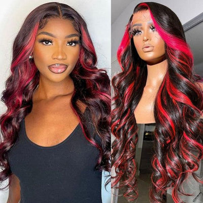 Upgradeu Black with Red Highlights Colored Wigs Body Wave Wig 13x4 HD Lace Red Lace Front Wigs