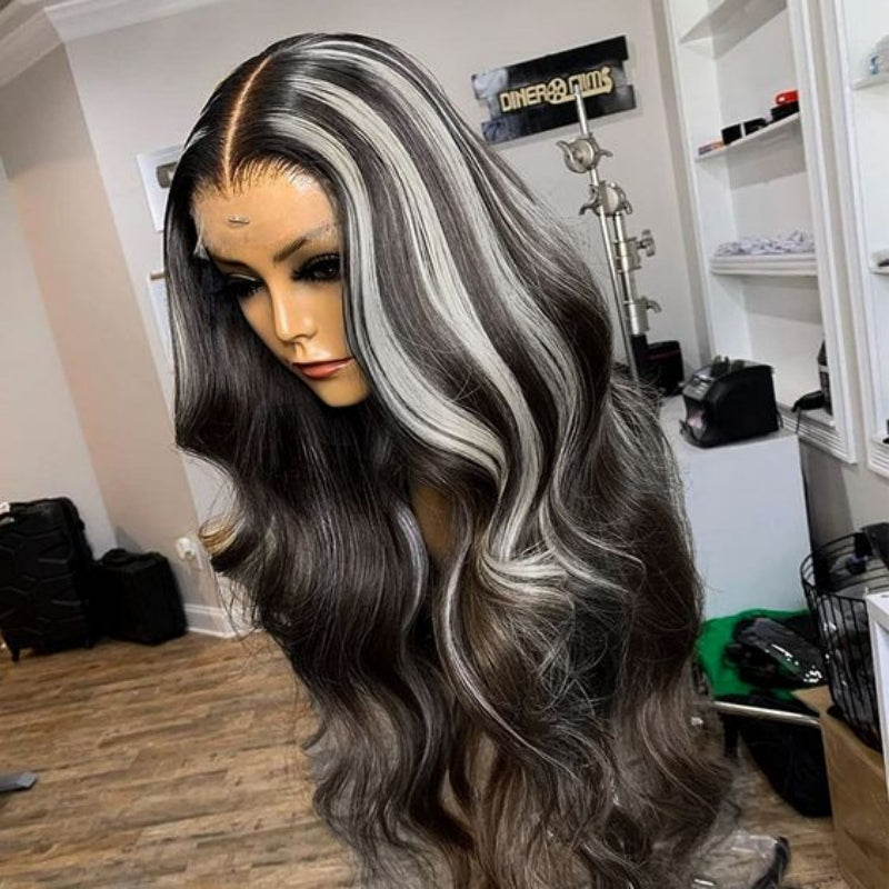 Upgradeu Grey Highlights Body Wave Human Hair Lace Front Wigs 13x4 Lace Frontal Wig