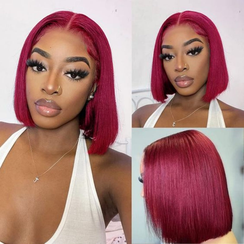 99J Burgundy  Bob Wig Glueless Lace Front Human Hair Straight Bob Pre Plucked Short Cut Virgin Hair Lace Wig