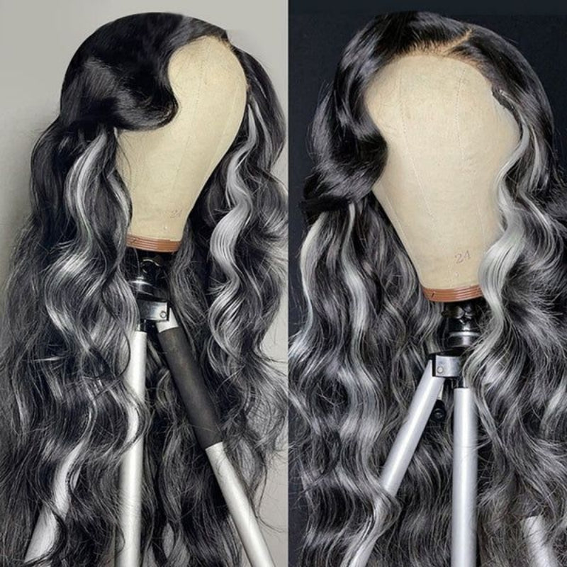 Upgradeu Grey Highlights Body Wave Human Hair Lace Front Wigs 13x4 Lace Frontal Wig