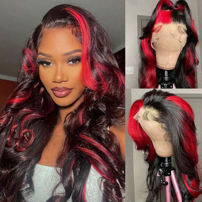 Upgradeu Black with Red Highlights Colored Wigs Body Wave Wig 13x4 HD Lace Red Lace Front Wigs