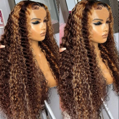 HD Lace Frontal Deep Wave Hair Wig Honey Blonde Highlights 100% Real Human Hair Wig-Upgradeuhair