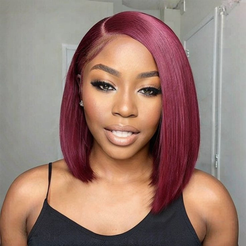 99J Burgundy  Bob Wig Glueless Lace Front Human Hair Straight Bob Pre Plucked Short Cut Virgin Hair Lace Wig