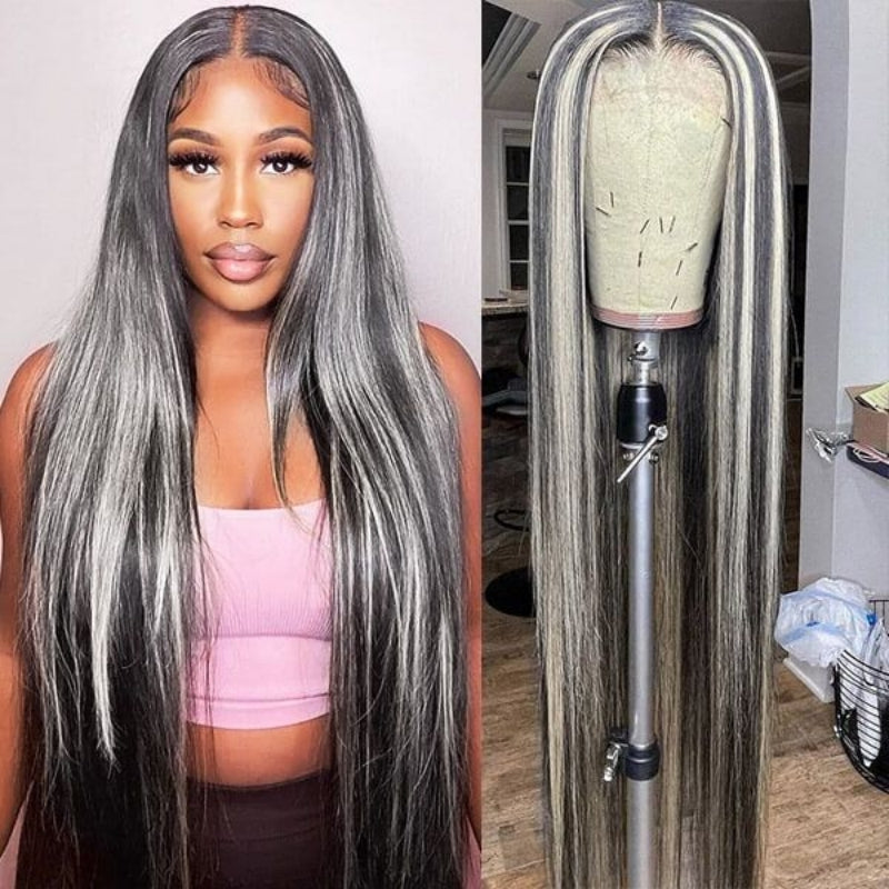 Upgradeu Grey Highlights Straight Human Hair Lace Front Wigs 13x4 Lace Frontal Wig
