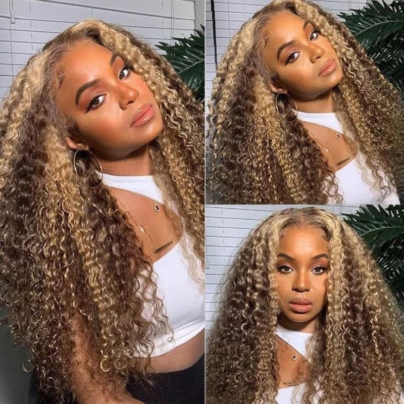 HD Lace Frontal Curly Hair Wig Honey Blonde Highlights 100% Real Human Hair Wig-Upgradeuhair