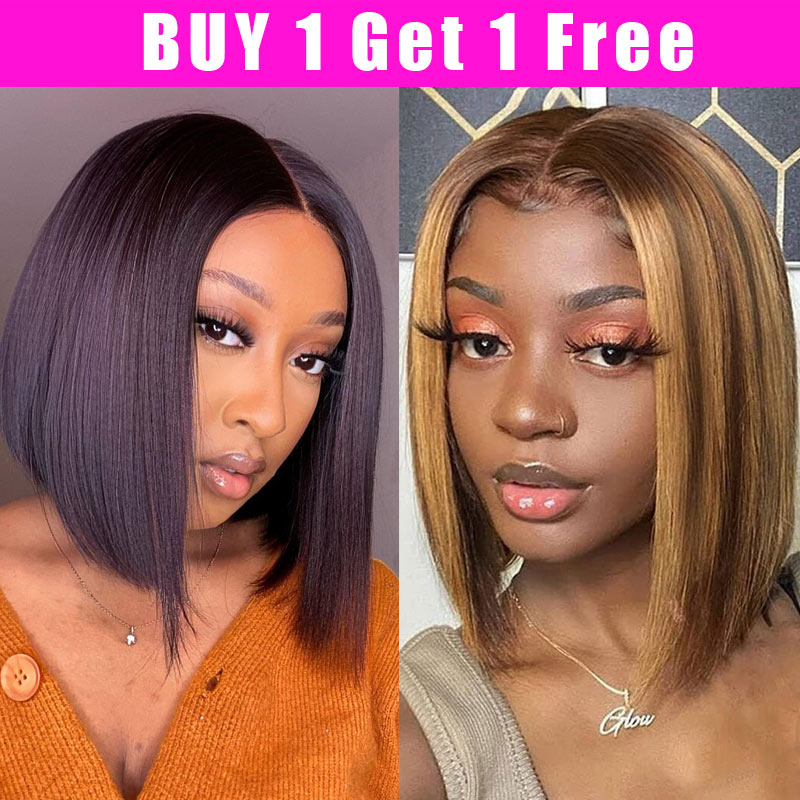 Buy 1 Get 1 Free: Buy 4x4 Lace Closure Bob Wig Get Honey Blonde Highlight Bob Wig For Free