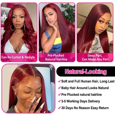 HD Burgundy virgin Human Hair Wig 13x6  99J Straight  Lace Front Wig