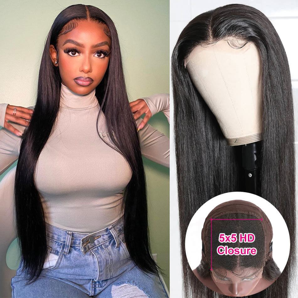 Straight Hair 5x5 Lace Closure Wigs Human Hair Glueless Lace Wigs HD Lace Closure Wigs Human Hair 180% Density