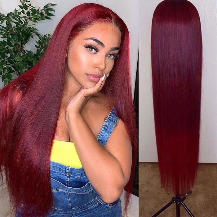 HD Burgundy virgin Human Hair Wig 13x6  99J Straight  Lace Front Wig