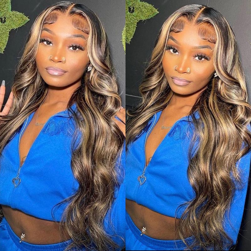 Balayage Blonde Hair Body Wave/Straight Hair Wig 13x4 HD Transparent Lace Front Human Hair Wigs With Brown Highlights