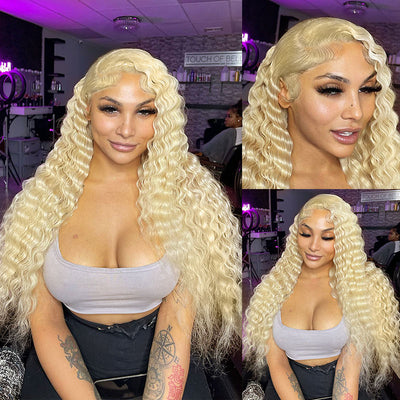 #613 Blonde Lace Front Deep Wave Human Hair Wig Pre Plucked Natural Hairline