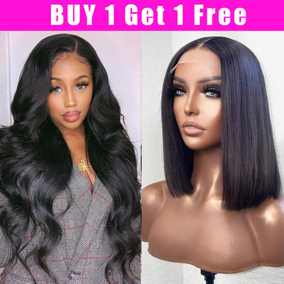 Buy 1 Get 1 Free: Buy Body Wave 13x4 Lace Frontal Wig Get 4x4 Lace Clousre Short Bob Wig For Free