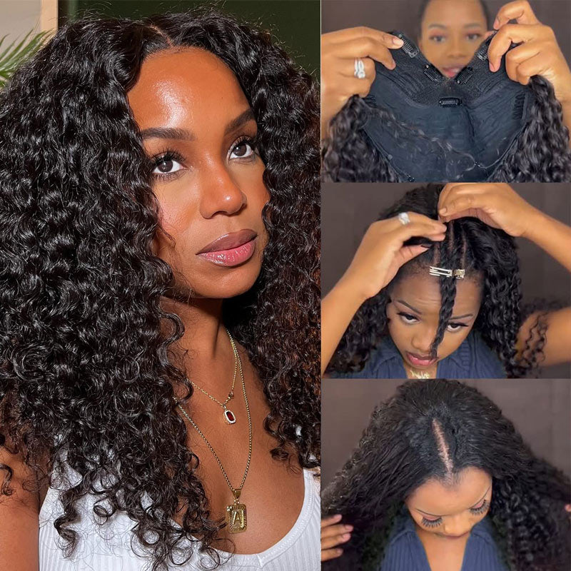 Glueless Deep Wave V Part Wig Human Hair Beginner Friendly Natural Scalp Curly Human Hair No Leave Out