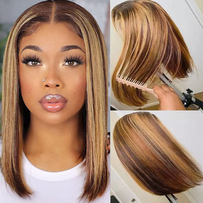 Buy 1 Get 1 Free: Buy Straight Hair 13x4 Lace Frontal Wig Get 4x4 Lace Clousre Honey Blonde Highlight Bob Wig For Free