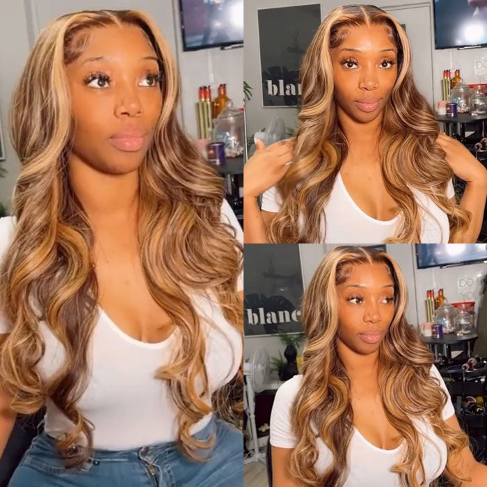 Honey Blonde Highlight 4x4 Lace Clousre/13x4 Lace Front Body Wave Human Hair Wig